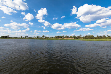 Beautiful panorama view at the area of ​​the Okawango River near Divundu and Mahango national park. Botswana, Africa
