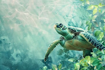 Captivating Green Sea Turtle Gliding Through the Vibrant Underwater Seascape