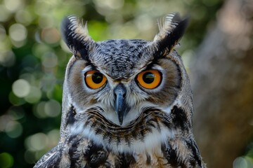 Obraz premium A close-up of the head of an eagle owl. Big eyes and a sharp beak of a bird of prey. Shot taken on a sunny day.. Beautiful simple AI generated image in 4K, unique.