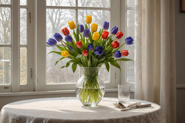 Colorful bouquet of spring flowers in a glass vase on the table by a window. Beautiful floral digital illustration. CG Artwork Background