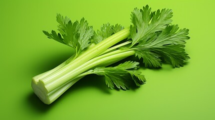 A group of fresh celery stalks resting on a lush green surface