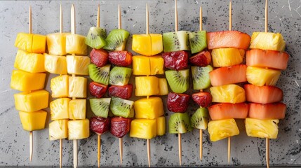   A dozen fruit skewers atop a metal tray on a marbled countertop, toothpicks protruding