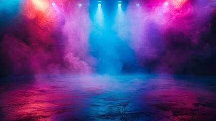 Vivid colors of blue and red spotlights illuminate the stage