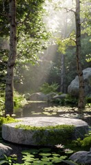 there is a stone path in the middle of a forest