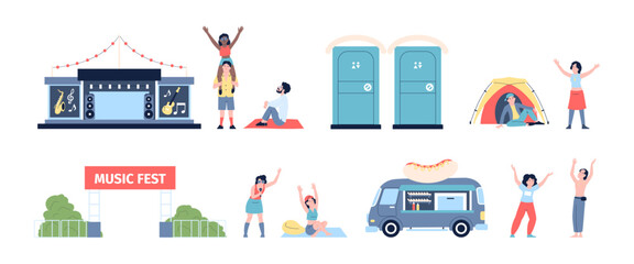 Open air party. Flat young characters in trance, dancing and singing. Music fest elements, stage, hot dog food truck and tent, recent vector set