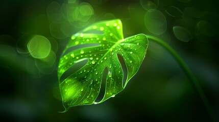   A tight shot of a verdant leaf, dotted with water droplets, against a softly blurred backdrop
