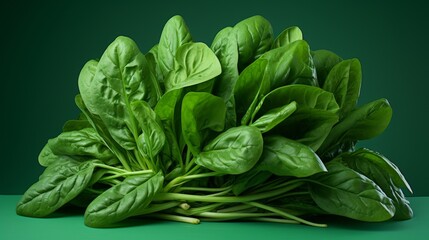 A pile of vibrant spinach leaves rests atop a lush green surface, creating a dynamic and captivating display - Powered by Adobe
