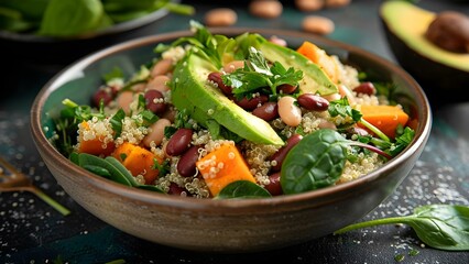 Nourishing Vegan Salad with Quinoa, Avocado, Sweet Potato, Beans, Herbs, and Spinach. Concept Vegan Recipes, Plant-based Meals, Healthy Eating, Superfood Salads, Nutrient-rich Ingredients