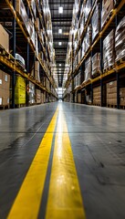 Fototapeta premium industrial warehouse with high shelves and boxes with yellow safety stripes on the floor 