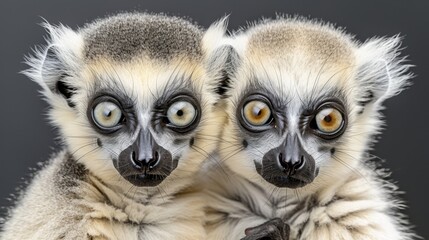 Naklejka premium Two small animals sit adjacent to one another against a black backdrop Their distinct pairs of eyes are stacked above them