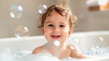 A young child smiles joyfully while surrounded by bubbles in a bathtub.