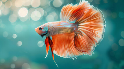 A vibrant betta fish with striking orange and blue colors swims gracefully in a shimmering aqua environment.