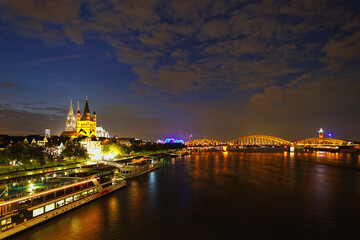 Long exposure nighttime view of Cologne, Germany