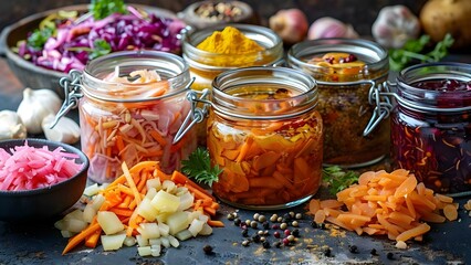 Vibrant exhibit of fermented foods in glass jars showcasing nutritious probiotic dishes. Concept...
