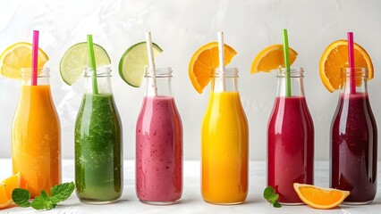 Assorted fresh smoothies in glass bottles with straws on white background. Concept Healthy lifestyle, Fresh beverages, Glass containers, Colorful straws, White background