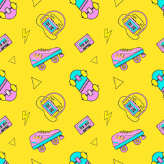 Seamless pattern with colorful elements: skateboard, сassette player, headphones, vintage roller blades. Patches, badges, pins, stickers in 80s comic style.