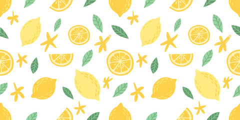 Seamless pattern with hand drawn lemons and slices on white background.