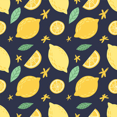 Seamless pattern with hand drawn lemons and slices on dark background.