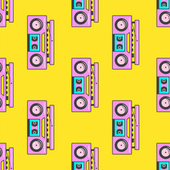 Pattern with a retro tape recorder on a yellow background. Boombox in flat style. Seamless pattern for your design textile, wrapping paper, background.