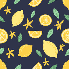 Seamless pattern with hand drawn lemons and slices on dark background.