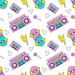 Seamless pattern with colorful elements: skateboard, boombox, lollipop, cassette. Patches, badges, pins, stickers in 80s comic style.