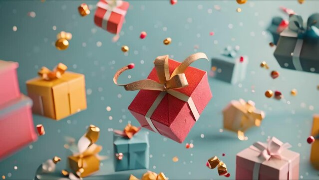 A blue background with presents of various sizes and colors falling from the top of the image