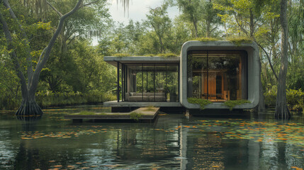 a futuristic minimalist studio in the middle of the Florida Everglades, broken down cabin with futuristic tech built into it, tech house on the swamp.