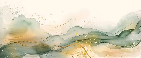 Soft Green Watercolor Waves with Gold Lines - Abstract Background Illustration for Web Design, with Marbled Paper Texture and Fluid