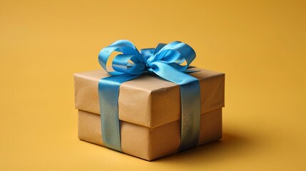 A yellow box with a blue ribbon on top