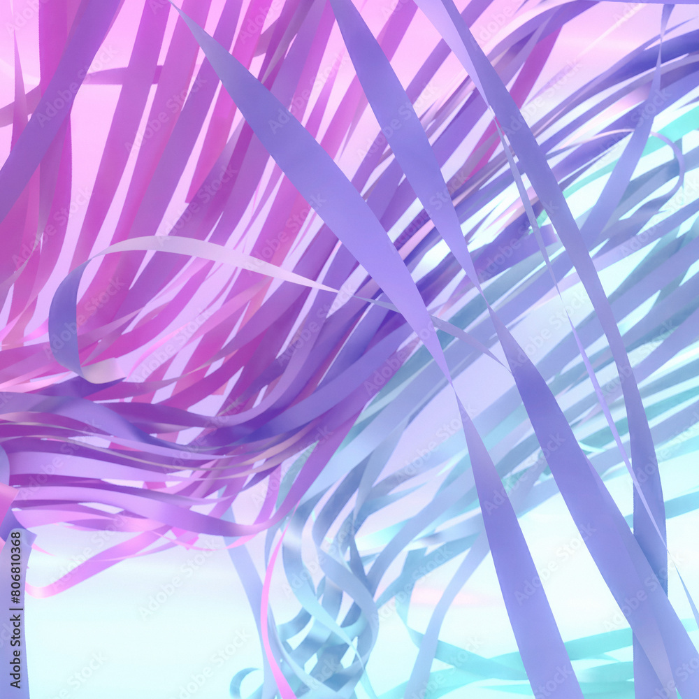 Poster pink and blue strips of fabric float in space. 3d rendering digital illustration background