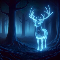 The deer glows against the backdrop of a dark forest.
