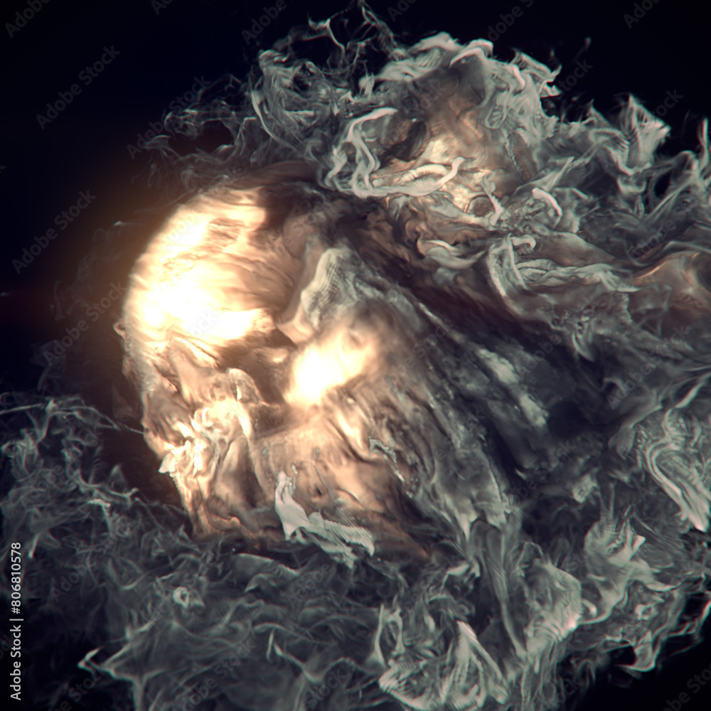 Poster a glowing fireball with swirls of smoke and flame around it. 3d rendering digital illustration