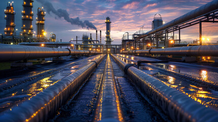 Sunset view of an industrial oil refinery, with illuminated pipelines and towers against a dramatic sky.