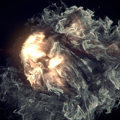 A glowing fireball with swirls of smoke and flame around it. 3d rendering digital illustration