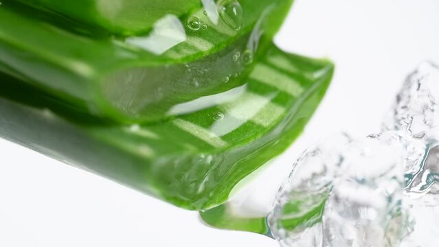 Transparent extract flows through the leafes of the aloe vera. Extract from leaves of Aloe vera. Gel serum of Aloe Vera. Aloe Vera gel drop in slow motion.
