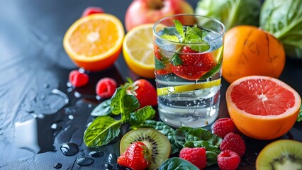 Creating a Visual Representation of a Balanced Diet with Fruits, Vegetables, and Hydration. Concept Healthy Eating Habits, Nutrient-Rich Foods, Balanced Nutrition, Hydrating Choices, Food Groups