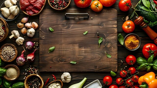 Top view of rustic wood menu clipboard with cooking ingredients and produce. Concept Food Photography, Kitchen Ingredients, Rustic Menu, Cooking Scene, Top View Perspective