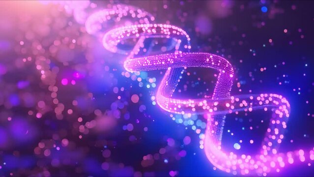 A glowing pink and blue double helix on a dark purple background.