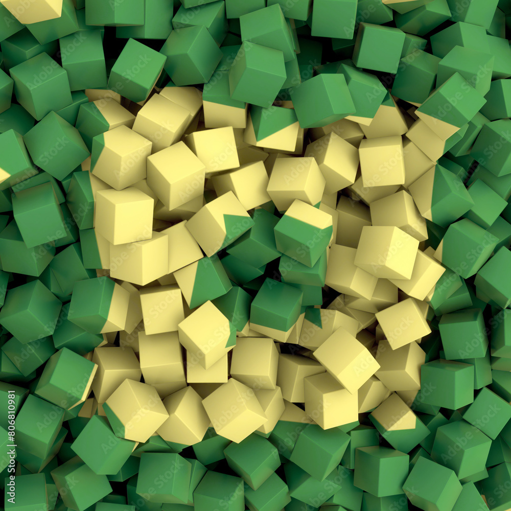 Poster abstract composition of many small cubes in shades of green and yellow. 3d rendering digital illustr
