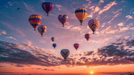 Naklejka premium In the picture, balloons float in the sky at sunset. They come in various shapes and sizes. similar to heart shape