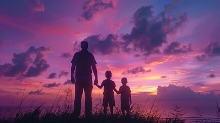 Guiding Light: Father and Kids Silhouette Against Purple Sky