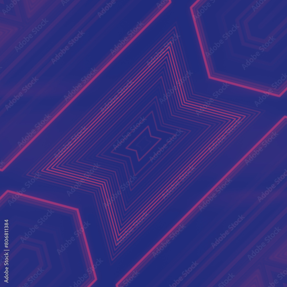 Poster 3d rendering digital illustration with geometric light pattern of burning red neon lines on dark blue background