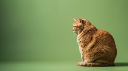 Overweight cat seen from the side on a green background, studio shot, with copy space