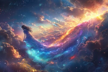 a happy teen girl stands beneath a celestial canopy of swirling colors in the enchanting realm of...