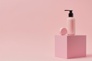 Set of beauty product packaging on the pink square podium. Mockup