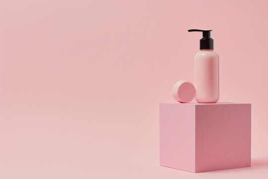 Set of beauty product packaging on the pink square podium. Mockup