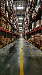 
industrial warehouse with high shelves and boxes with yellow safety stripes on the floor
