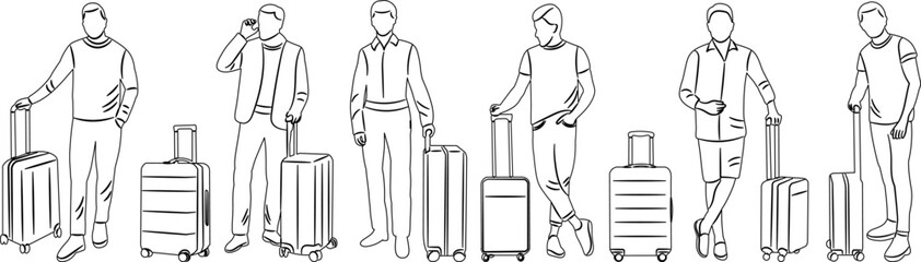 men with suitcases, sketch on white background vector