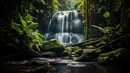 Panorama of a beautiful waterfall in the rainforest, Thailand.