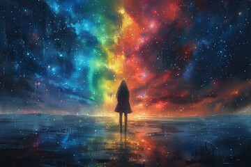 a happy teen girl stands beneath a celestial canopy of swirling colors in the enchanting realm of...